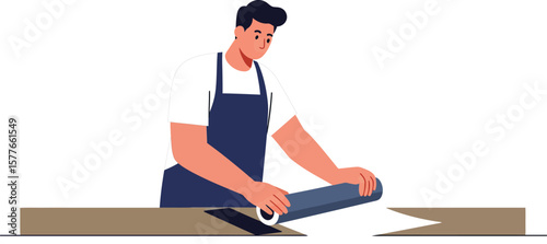 Carpenter cutting wood with saw and wearing apron in workshop vector illustration 