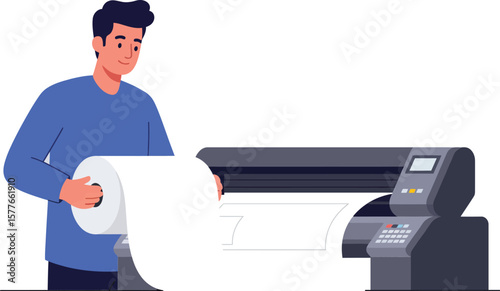 Man using large format printer with wide paper roll for professional printing work in blue shirt vector illustration 