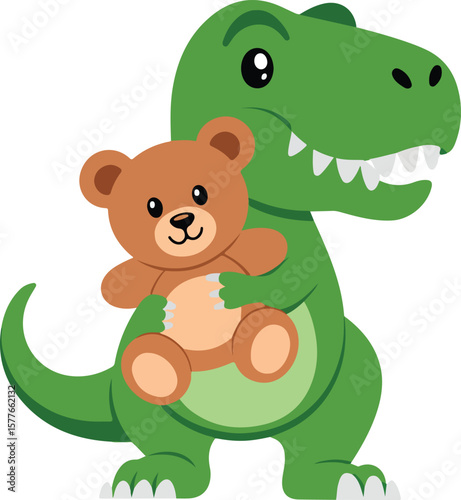 A cute dinosaur lovingly embracing a teddy bear