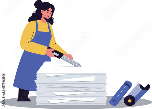 Woman folding laundry with blue apron and yellow sweater in home environment vector illustration 