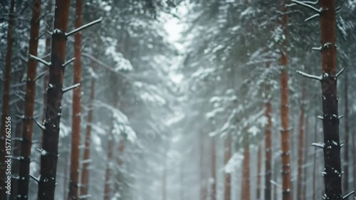 Enchanted Winter Forest Snow-Covered Pine Trees in a Misty Path
