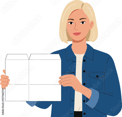 Woman holding blank paper sheet wearing blue denim jacket with blonde hair vector illustration 