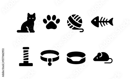 Cat icons set: toys, food, accessories, silhouette style