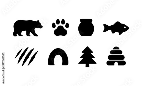 Animal and nature silhouettes: bear, paw, fish, jar, trees, hive