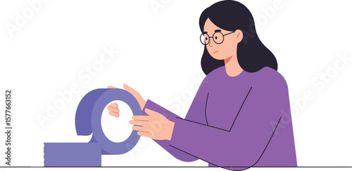 Woman using transparent adhesive tape dispenser for packing or crafting tasks in purple sweater vector illustration 
