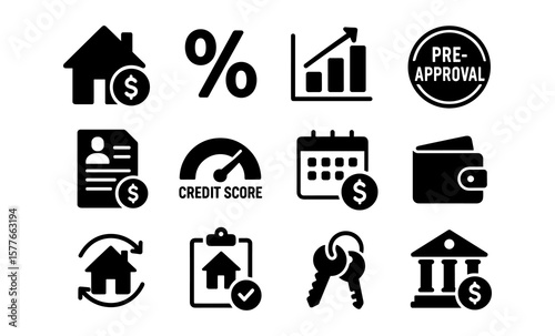 Financial loan icons set: simple black silhouette for mortgage and credit