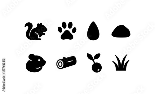 Nature and wildlife icons: squirrel, paw print, raindrop, seedling and more in bold black icons