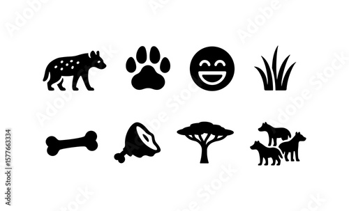 Silhouette icons of hyenas, nature, and animal elements on white background