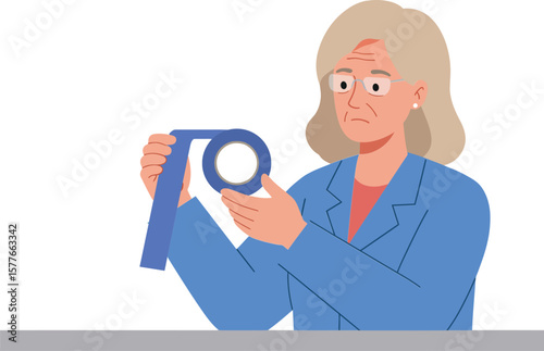 Middle aged woman examining a blue medal ribbon holding it carefully indoors vector illustration 