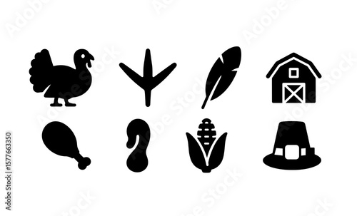 Thanksgiving symbols: black silhouettes of turkey, food, and farm icons