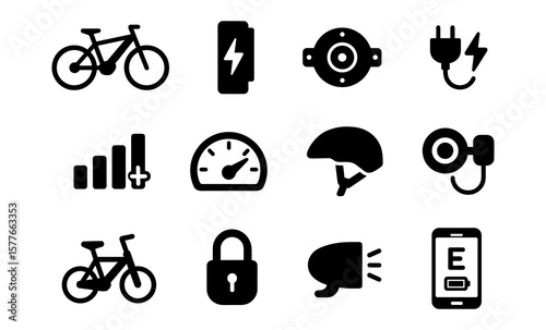Electric bike icons set: battery, speed, connectivity, helmet, lock, charging plug