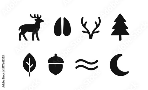 Nature and wildlife icons: deer, antlers, trees, and natural elements in bold silhouette design