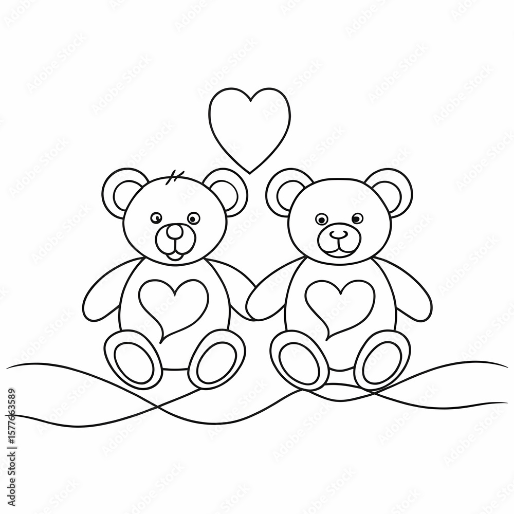 Fototapeta premium two teddy bear with heart continuous line drawing