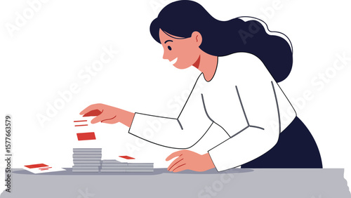 Woman stacking playing cards on table engaging in leisure activity with focus and calmness 