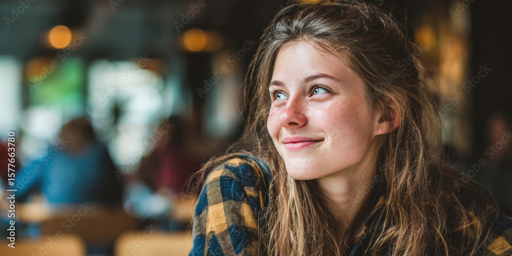 Obraz premium Portrait of a young woman with a gentle smile and expressive eyes looking thoughtfully to the side in a blurred indoor setting. Ideal for conveying ideas of contemplation, happiness, student life