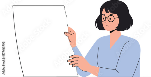 Woman reading large sheet of paper with glasses in simple modern vector illustration style 