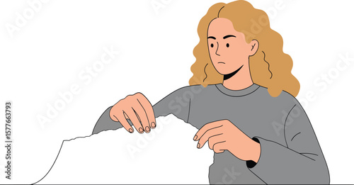 Woman with curly blonde hair holding and folding white fabric in minimalist vector illustration 