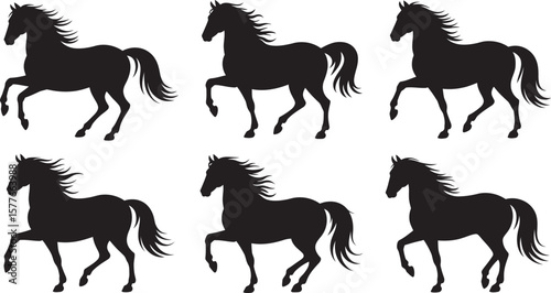 Galloping Horse Silhouettes Set – Black Running Horse Vector Illustrations Collection