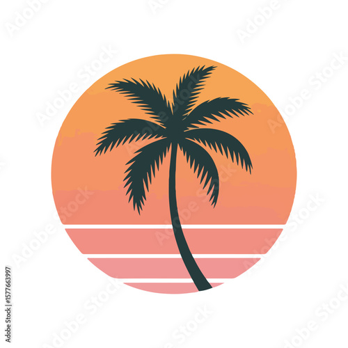 Palm tree silhouette on tropical beach with sunset and ocean view