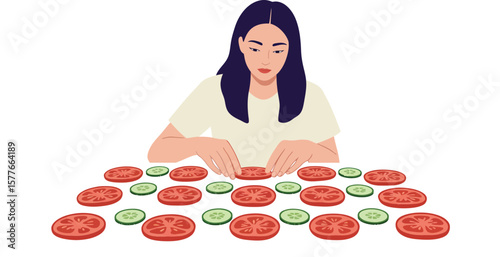 Woman preparing fresh sliced tomatoes and cucumbers on table healthy eating and cooking concept vector illustration 