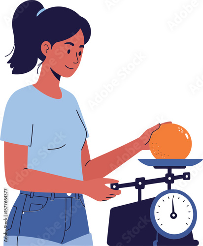 Woman weighing orange fruit on vintage kitchen scale in casual outfit vector illustration 