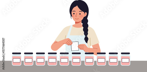 Woman mixing ingredients in jars preparing food in kitchen with multiple jars on table vector illustration 