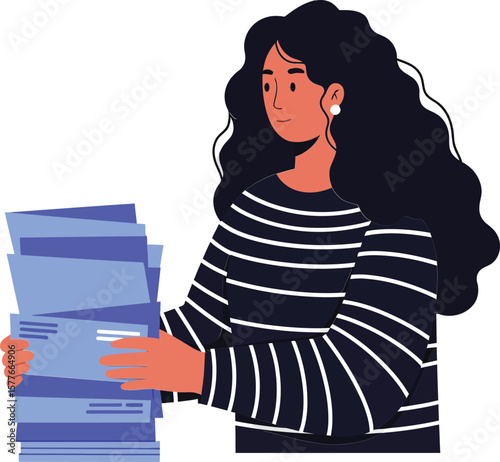 Woman holding stack of documents in striped sweater vector illustration in flat style 