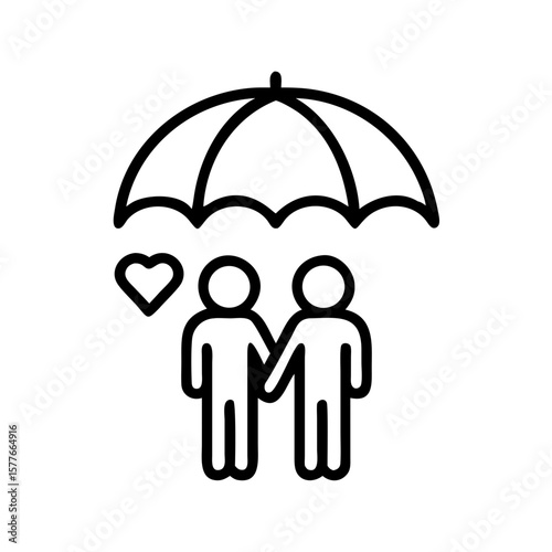 Two people holding hands under an umbrella with a heart symbol  