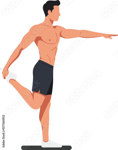 Man performing standing quad stretch exercise in black shorts fitness and workout vector illustration 
