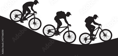 Mountain Biking Silhouette Vector – Cyclists Riding on Hilly Trail in Outdoor Adventure Scene