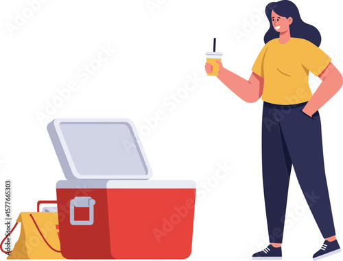 Woman standing near red cooler holding cold drink in casual outfit vector illustration 
