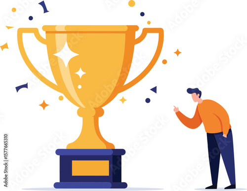 Gold trophy cup with sparkling stars and person celebrating victory and success in achievement vector illustration 