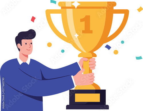 Man holding large golden first place trophy celebrating victory and success with confetti vector illustration 