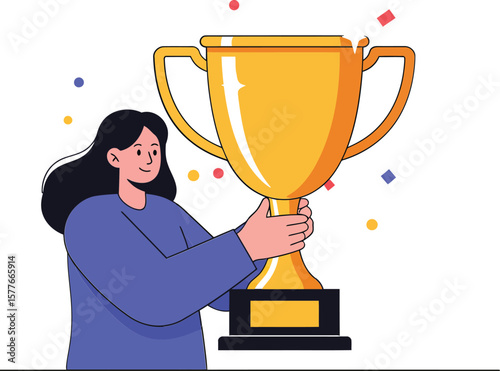 Woman holding large golden trophy celebrating victory with confetti in modern flat style vector illustration 