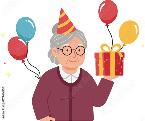 Elderly woman celebrating birthday with party hat balloons and gift cheerful festive illustration 