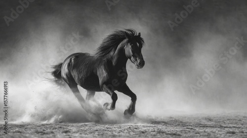 The horse gallops across the steppe at great speed. Sand billows into the air. A blurred horse and background. A black and white photo with a sandy tint