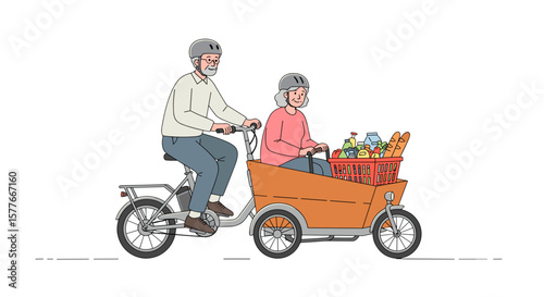 Elderly man riding bicycle with woman and groceries in basket  
