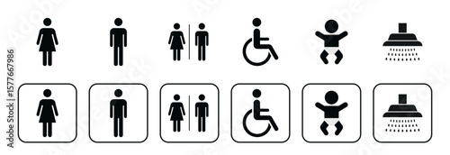 Vector icon set for restroom signs including male, female, unisex, wheelchair accessible, baby changing, and shower symbols. Suitable for public signage, maps, apps, and facility design projects.