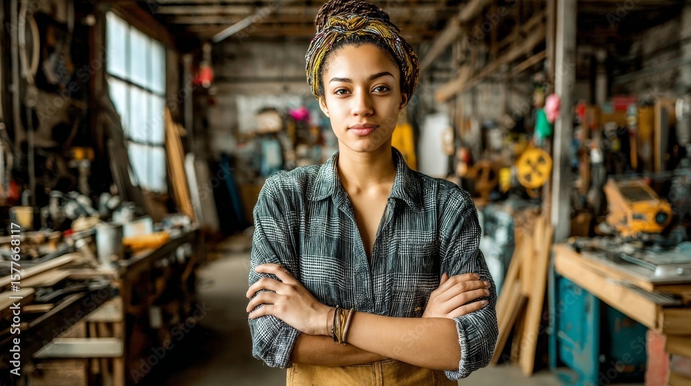 Obraz premium Waist up portrait of mixed-race female worker posing confidently while standing with arms crossed in factory workshop