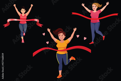 Plus-size runner crossing a finish line in a community race, joyful and triumphant expression