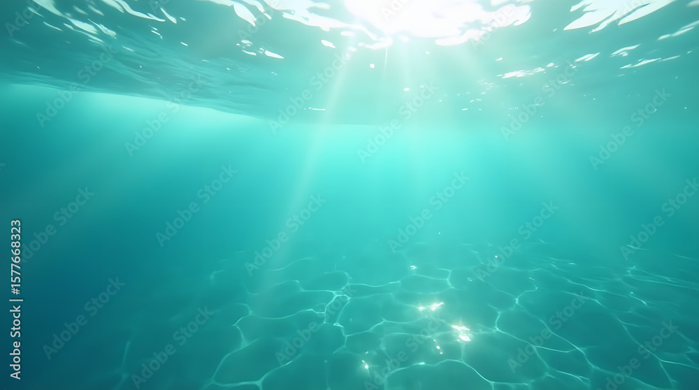Fototapeta premium A beautiful underwater scene with sunlight rays piercing through the clear turquoise water. A serene and refreshing background representing nature, purity, and tranquility.