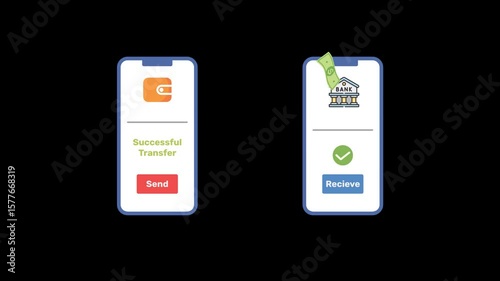 Concept of mobile-to-mobile money withdrawal and transfer. Features digital transaction with smartphone. 2D animated video with transparent background, banking, and digital wallet promotions.