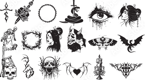 Collection of black and white gothic and occult tattoo designs and illustrations
