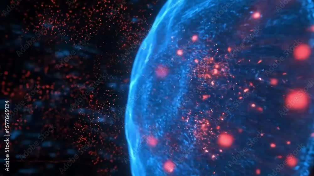 Digital abstract blue sphere with red particle burst background motion loop