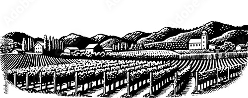 Vineyard with farm and tower in classic woodcut style in black and white representing winemaking heritage