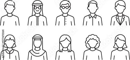 Diverse Group of People Line Art Illustrations Representing Various Cultures and Professions Featuring Both Men and Women in Simple Black and White Outlines for Inclusive Representation