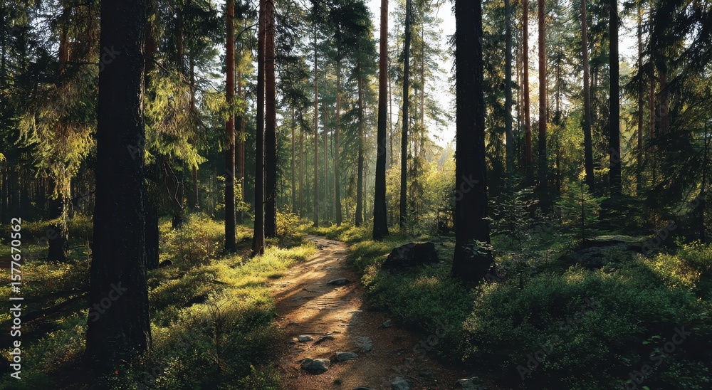 Fototapeta premium Sunlit forest path between tall trees, ground covered in greenery and rocks