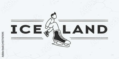 Stylized ice land text logo with a skater and a skate in black and white minimal design vector image