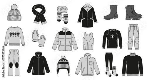 Illustration of various winter clothing items including hats coats and boots