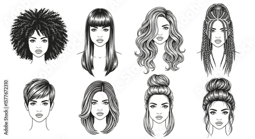 Illustration of diverse female hairstyles including braids curls and straight hair